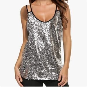 Silver Sequin Multistrap Long Tank Sz XL Sparkle New Years Holiday Stretch